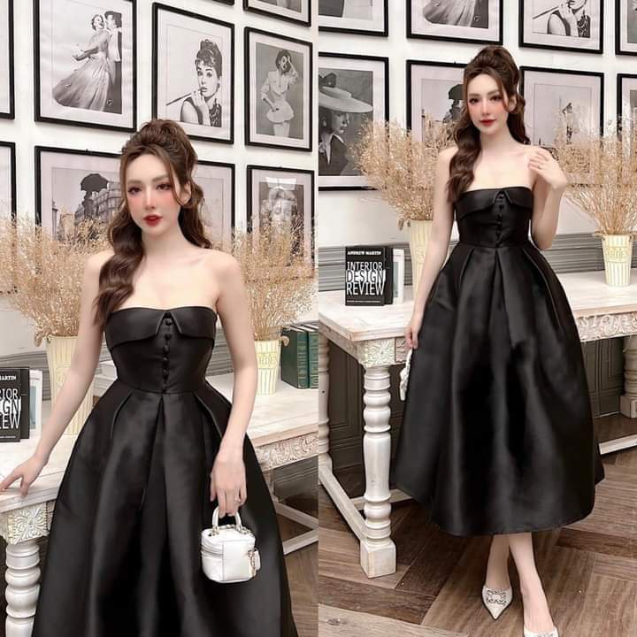 Váy thiết kế Thu Hương, đầm cúp ngực vạt lật xẻ V khuy đính ngực xoè ly hộp dáng dài. Đầm tiểu thư