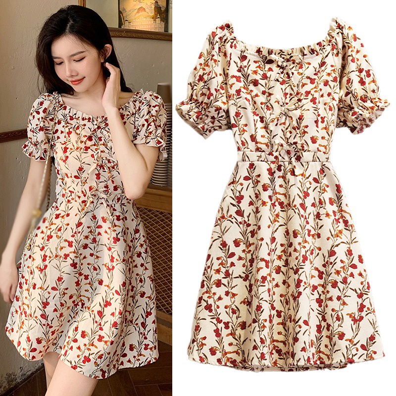 Đầm Tay Ngắn Chiết Eo In Hoa Phong Cách Hàn Quốc Xinh Xắn Cho Nữ