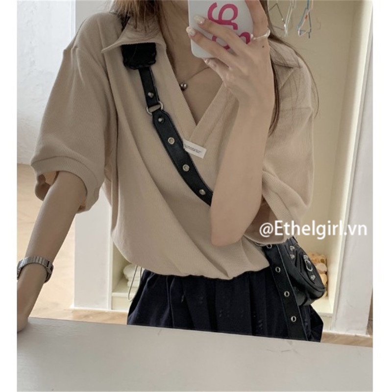 Áo polo Ngắn Tay Màu Trơn Phong Cách Hàn Quốc Cho Nữ
