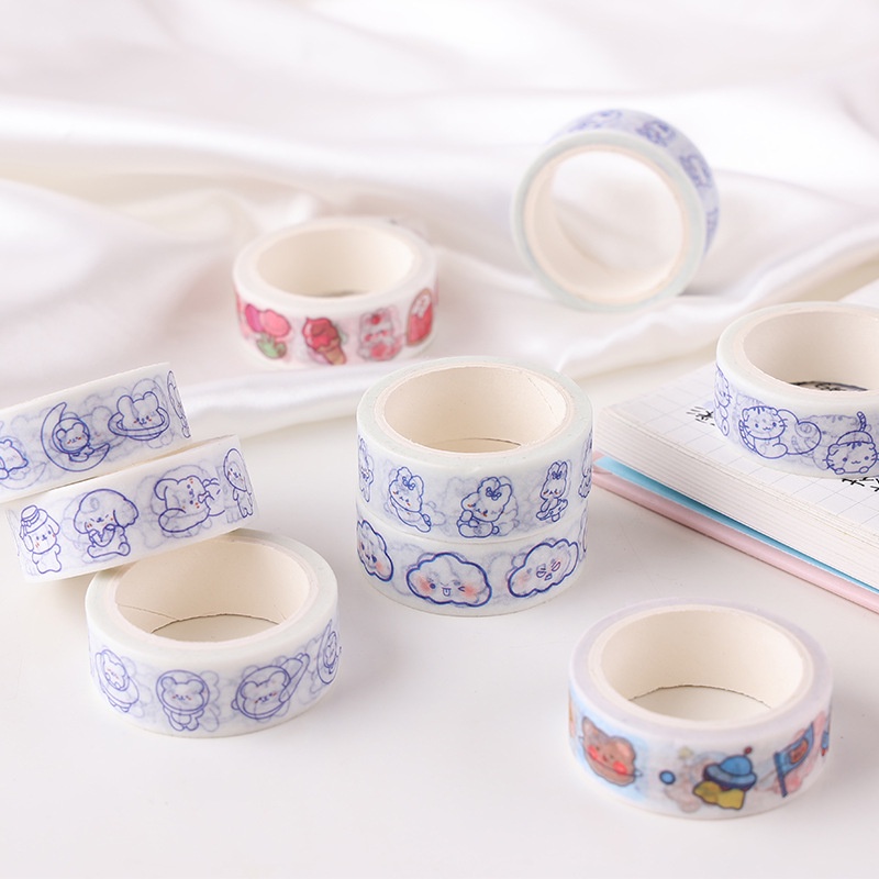 Cuộn Băng Dính Giấy Washitape HynBee Hoạ Tiết Hoạt Hình Động Vật Gấu Thỏ Dễ Thương Dùng Trang Trí Sổ Tay, Bullet Journal