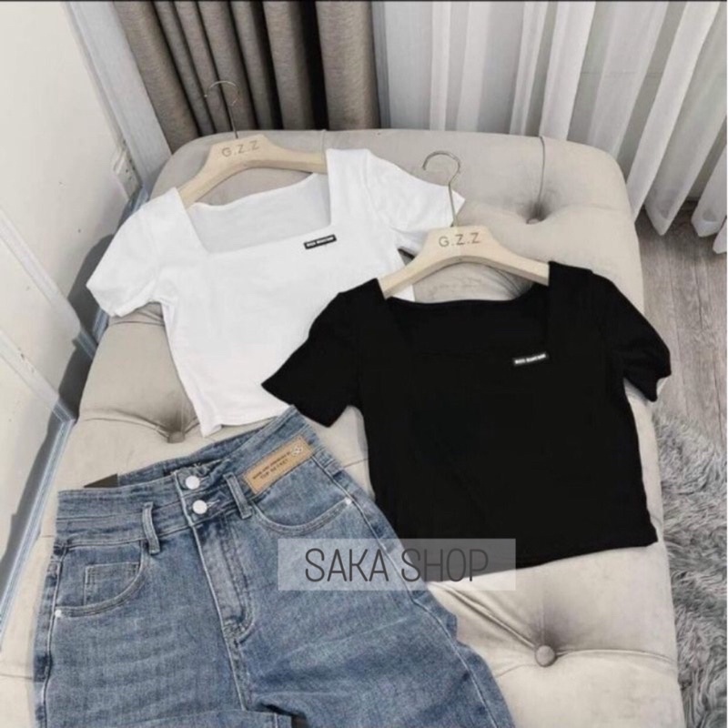 Áo croptop nữ thun trơn màu thêu logo nổi vải thun bozip lụa