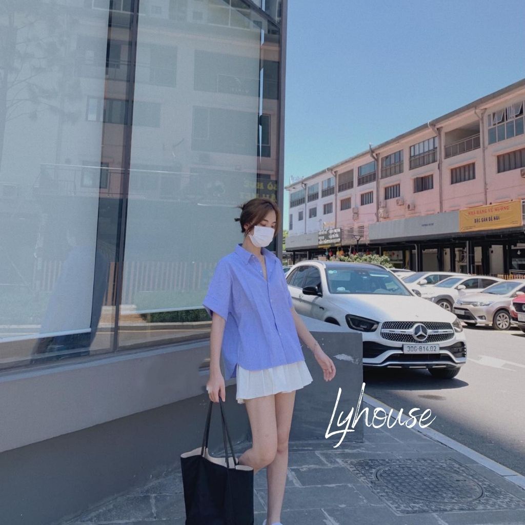 Áo sơ mi nữ form rộng kẻ 2 Màu Trắng đen xanh đẹp ngắn tay có cài cúc ulzzang vintage hàn quốc cao cấp