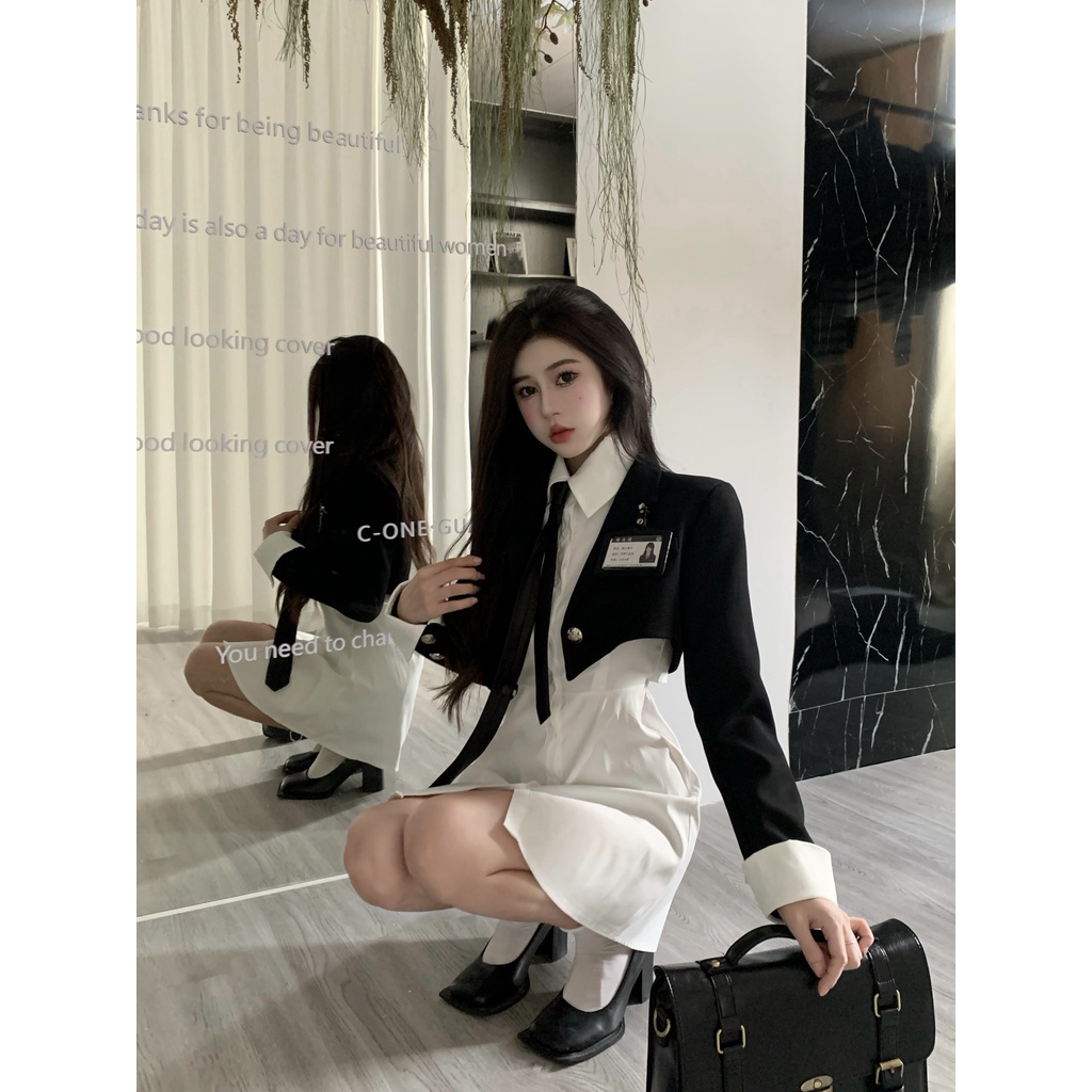 Set Áo Khoác Ngắn + Đầm Sơ Mi Nhiều Màu Sắc Phong Cách Preppy