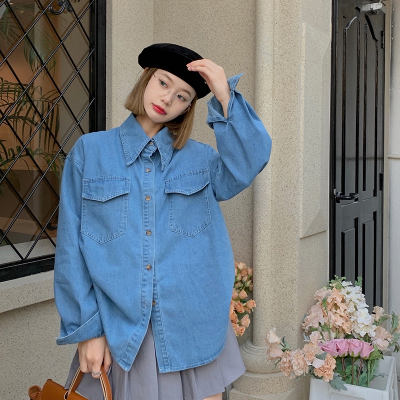 Áo Sơ Mi Denim Tay Dài Phối Túi Phong Cách Retro Thời Trang Xuân Thu Cho Nữ