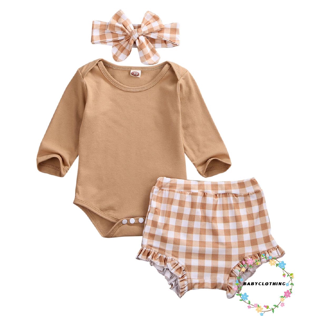 ღWSVღ3PCS Toddler Baby Girls Cotton Long Sleeve Romper Bodysuit Ruffle Plaid Short Pants Headband Clothes Outfit Set