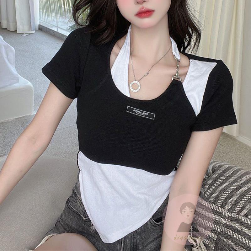 Áo Thun Tay Ngắn Cổ Yếm Màu Sắc Tương Phản Thời Trang Mùa Hè Dành Cho Nữ