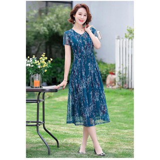 Đầm Voan nữ Hàn Quốc cao cấp, cổ tròn,dáng suông họa tiết hoa tinh tế.