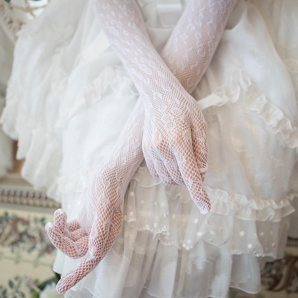 Găng Tay Lưới Nylon Dài Màu Trắng Ngọt Ngào Phong Cách Lolita Cho Cô Dâu
