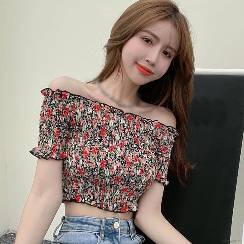 Áo Croptop Chất Chiffon Hoạ Tiết Hoa Thiết Kế Trễ Vai Quyến Rũ
