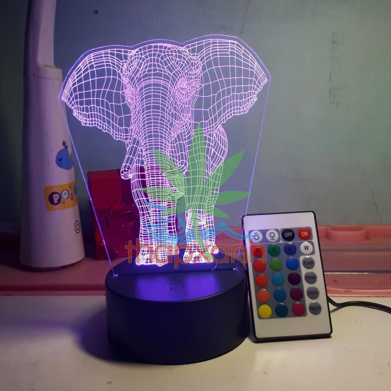 Đèn ngủ, Đèn trang trí Led 3D, Đèn ngủ 16 màu mini có điều khiển Con Voi