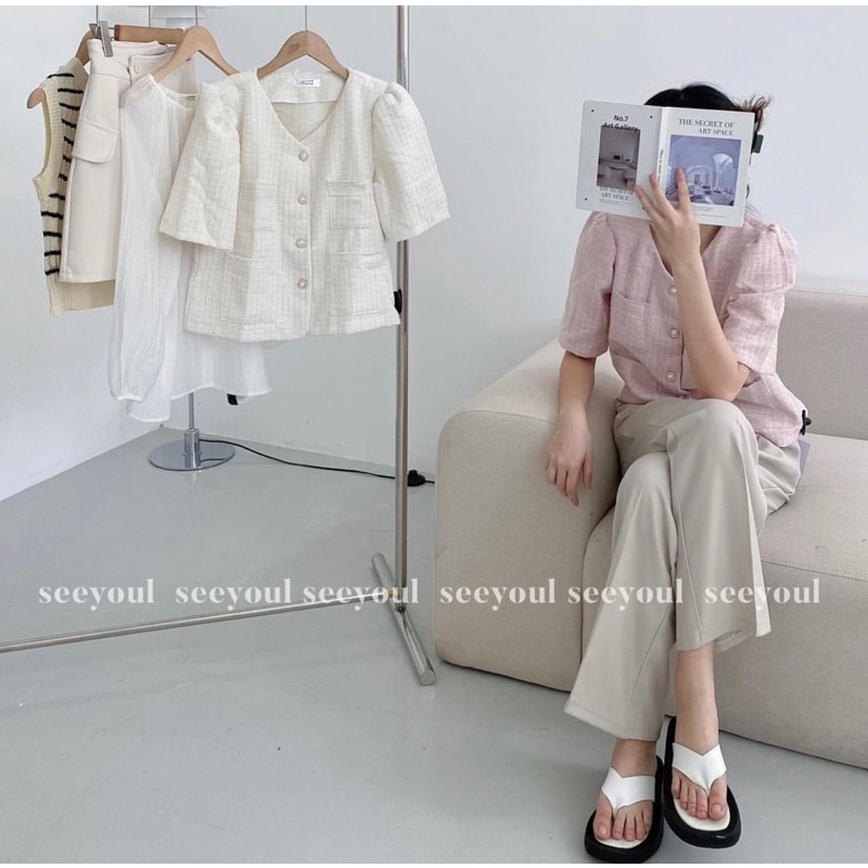 [Ảnh thật/Video]Áo dạ Hồng/Trắng cộc tay cúc ngọc sang chảnh