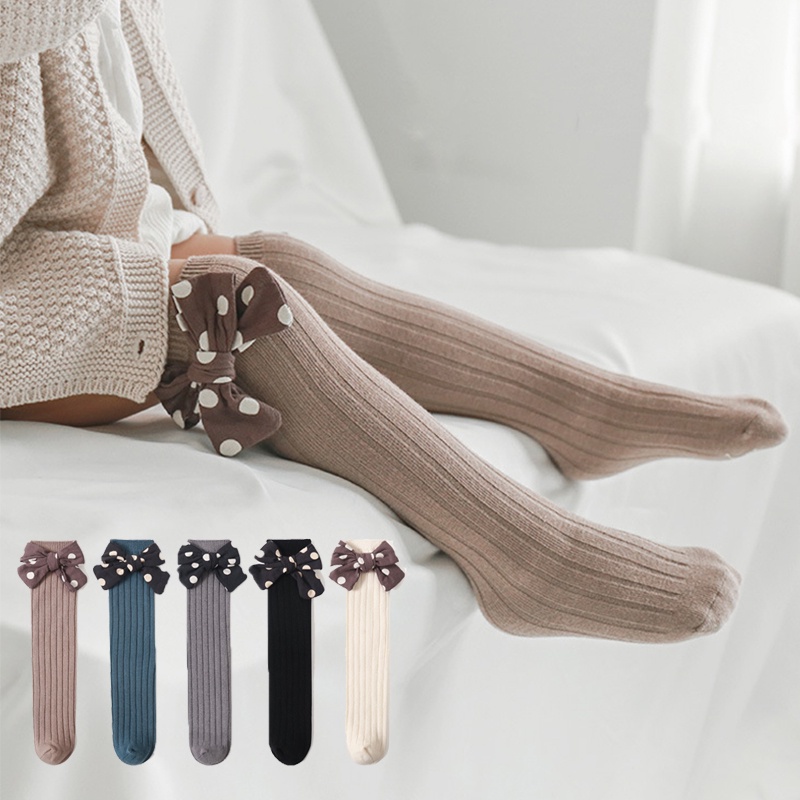 Vớ Cotton Dài Đến Đầu Gối Mềm Mại Màu Trơn Họa Tiết Chấm Bi Đính Nơ Dễ Thương Cho Bé Gái