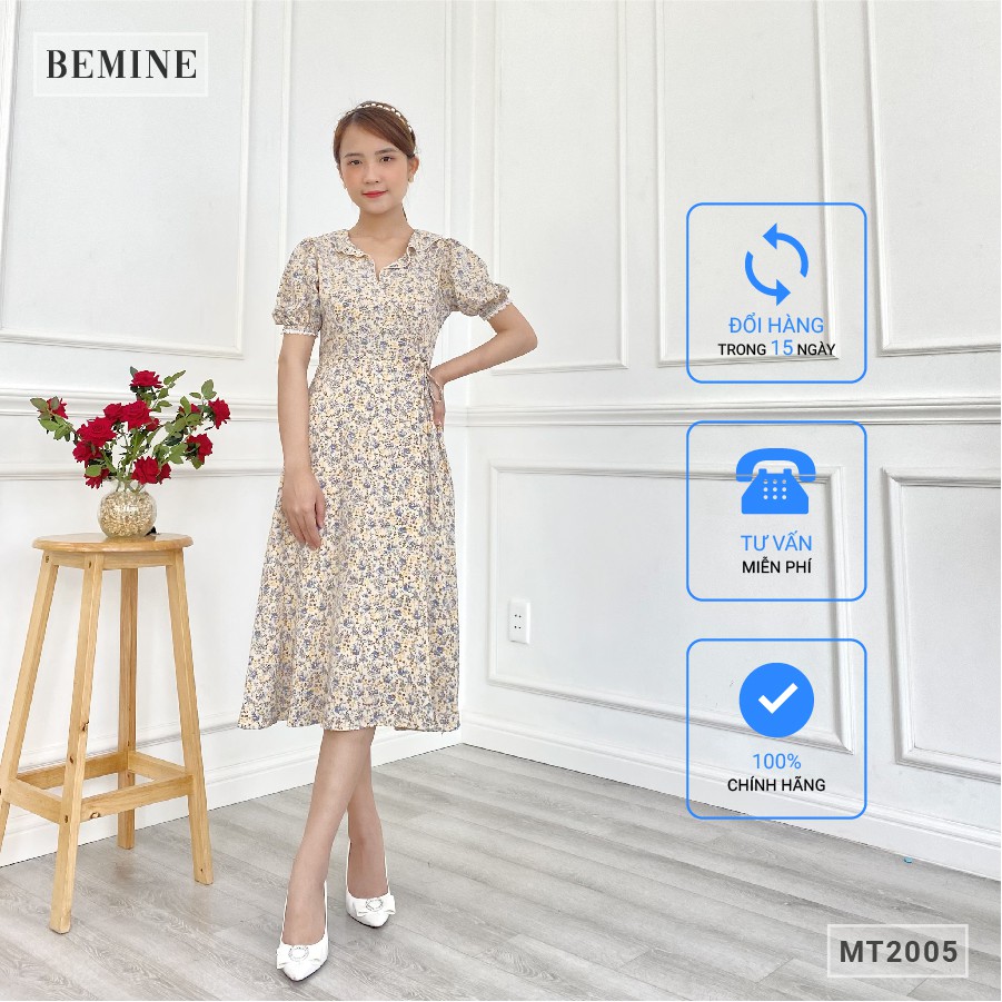 Đầm hoa cổ bèo ngực chéo cột eo BEMINE MT2005DA