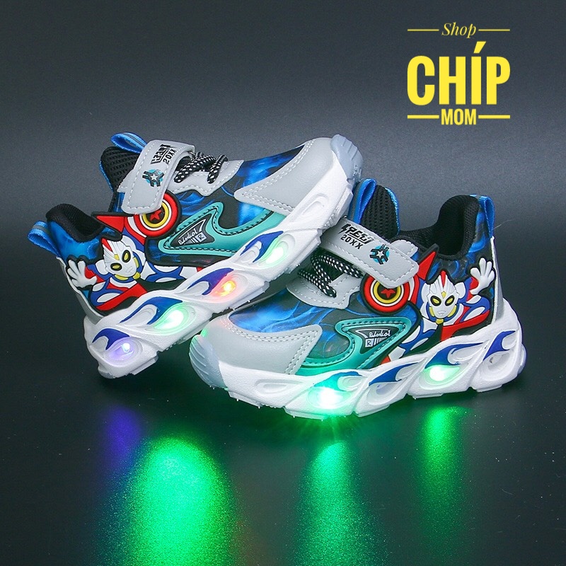 giày thể thao bé trai siêu nhân da bóng mềm có quai dán tùy chỉnh đèn led ngoài nhấp nháy  siêu nhẹ QCCC full hộp A58