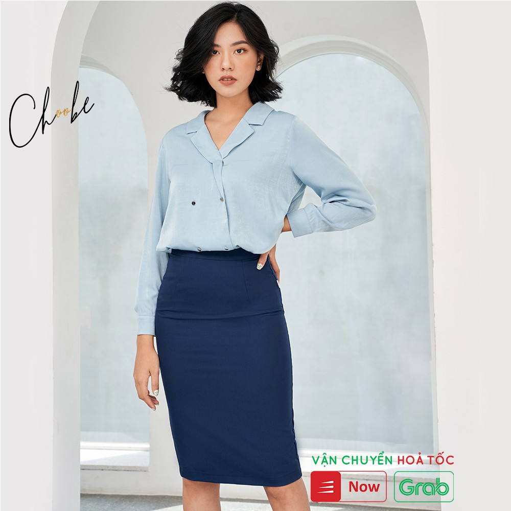 Chân váy Choobe bút chì lưng cạp cao có lớp lót đồ công sở ôm body xẻ sau dáng dài màu Xanh Navy CV05X