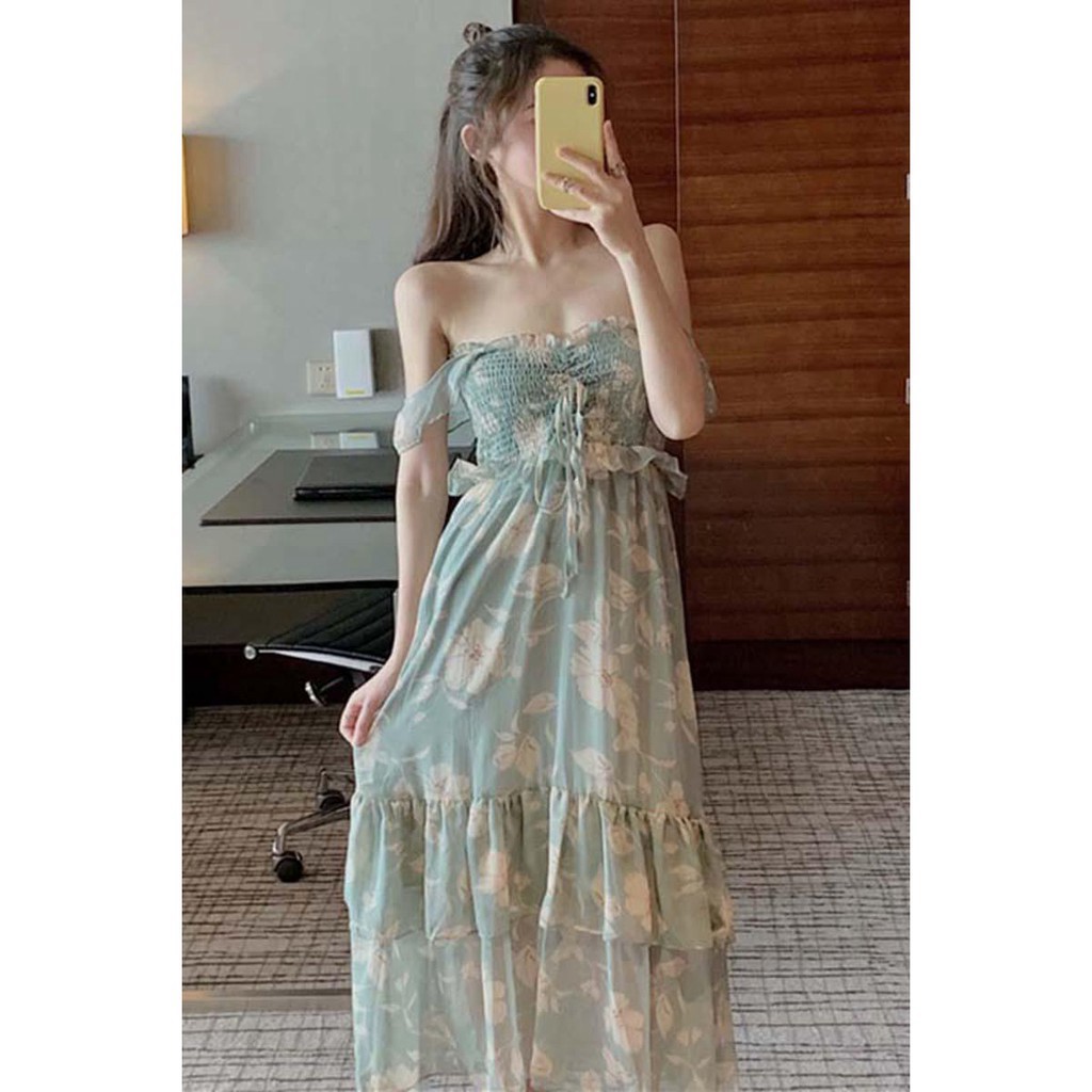 (ORDER) Váy maxi hoa trễ vai dáng dài thun ngực tiểu thư Hàn Quốc hè 2020