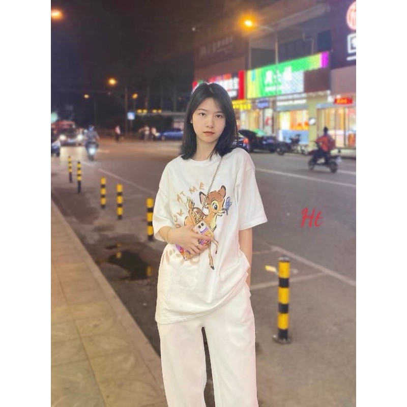 Set áo thun trắng + quần jogger trắng in chú nai ht