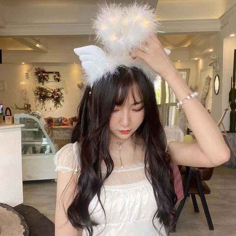 Brroa Băng Đô Cài Tóc Có Đèn Led Phối Lông Vũ Dễ Thương Cho Bé Gái