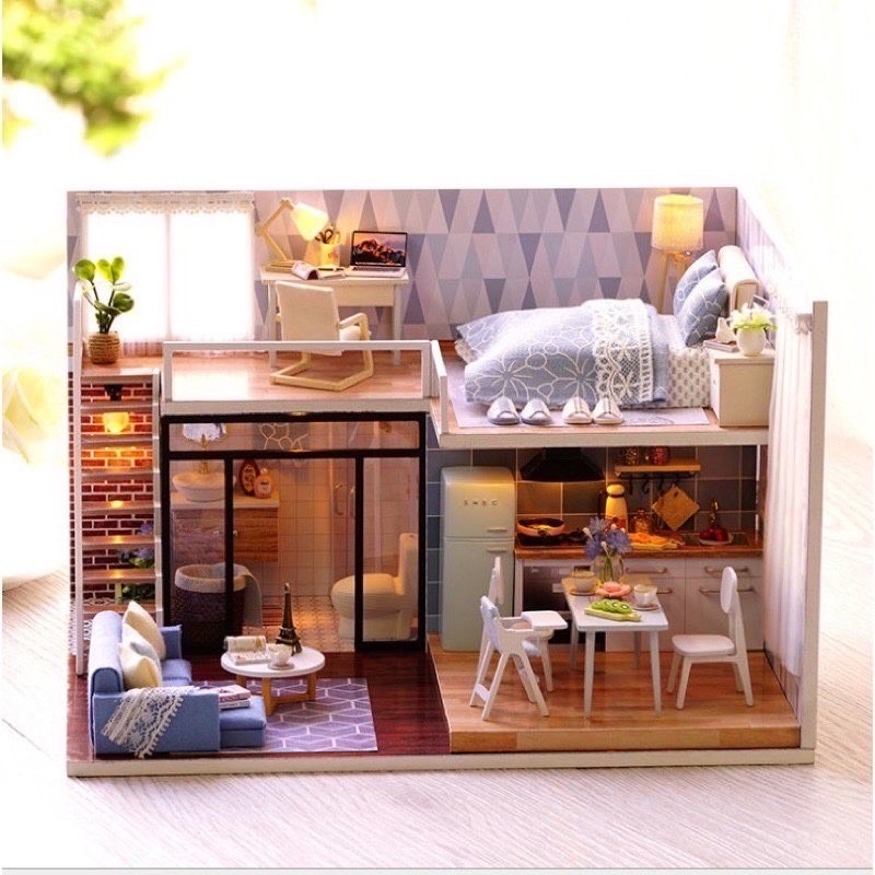 Mô Hình lắp ghép nhà gỗ DIY - Mô hình căn phòng hiện đại màu xanh( Tặng keo và mica che bụi)