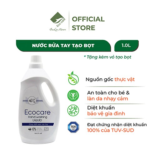 Nước Rửa Tay Hữu Cơ ECOCARE 1000ml Kết Hợp Tinh Dầu Thiên Nhiên (Cam/Quế/Nhài), An Toàn Cho Bé, Phụ Nữ Mang Thai