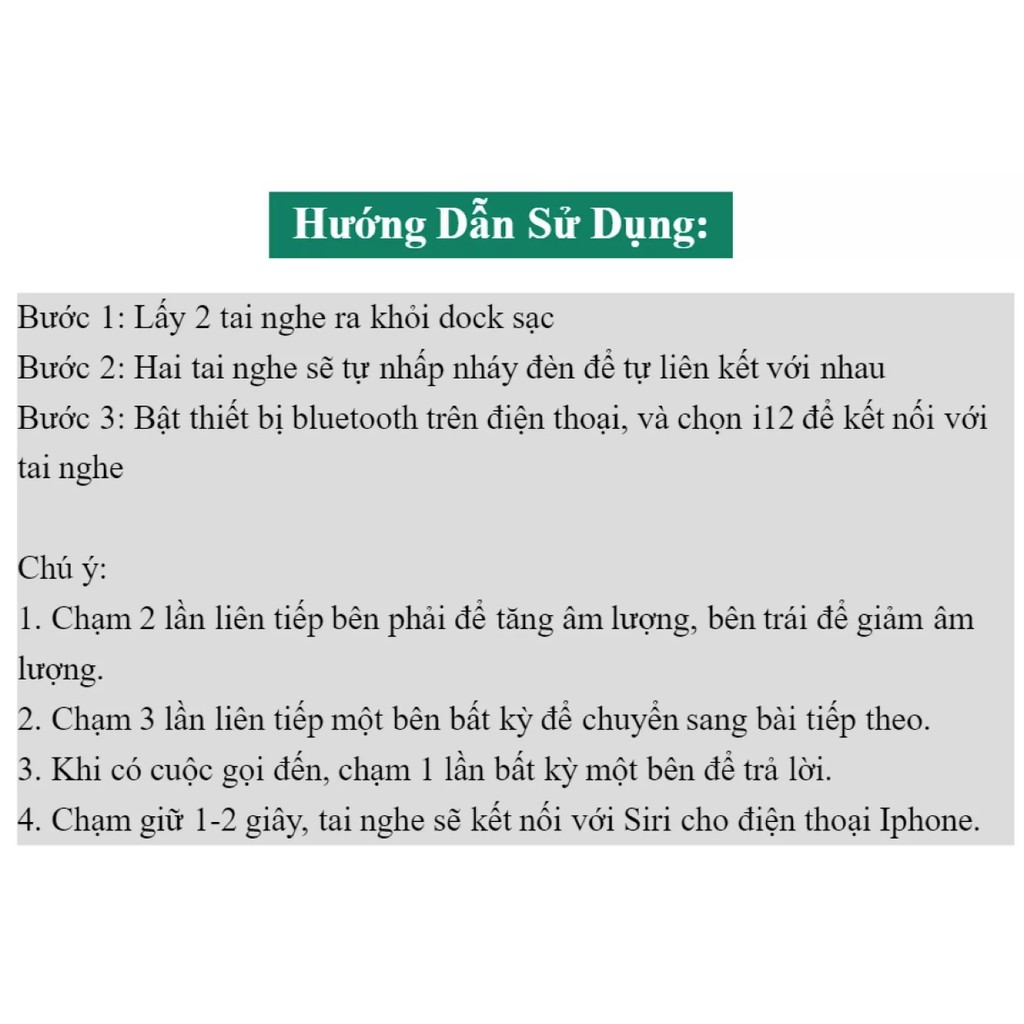 Tai nghe Bluetooth không dây 5.0 i12 TWS - cảm ứng hai bên