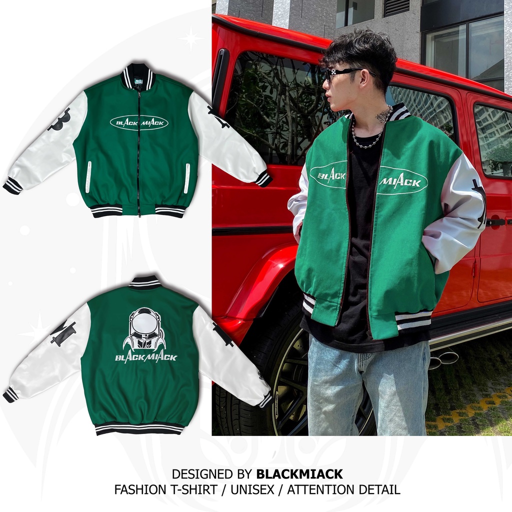 Áo Khoác Bomber Varsity Nỉ Dạ, tay Da, Full Thêu BLACKMIACK Varsity Jacket BM1