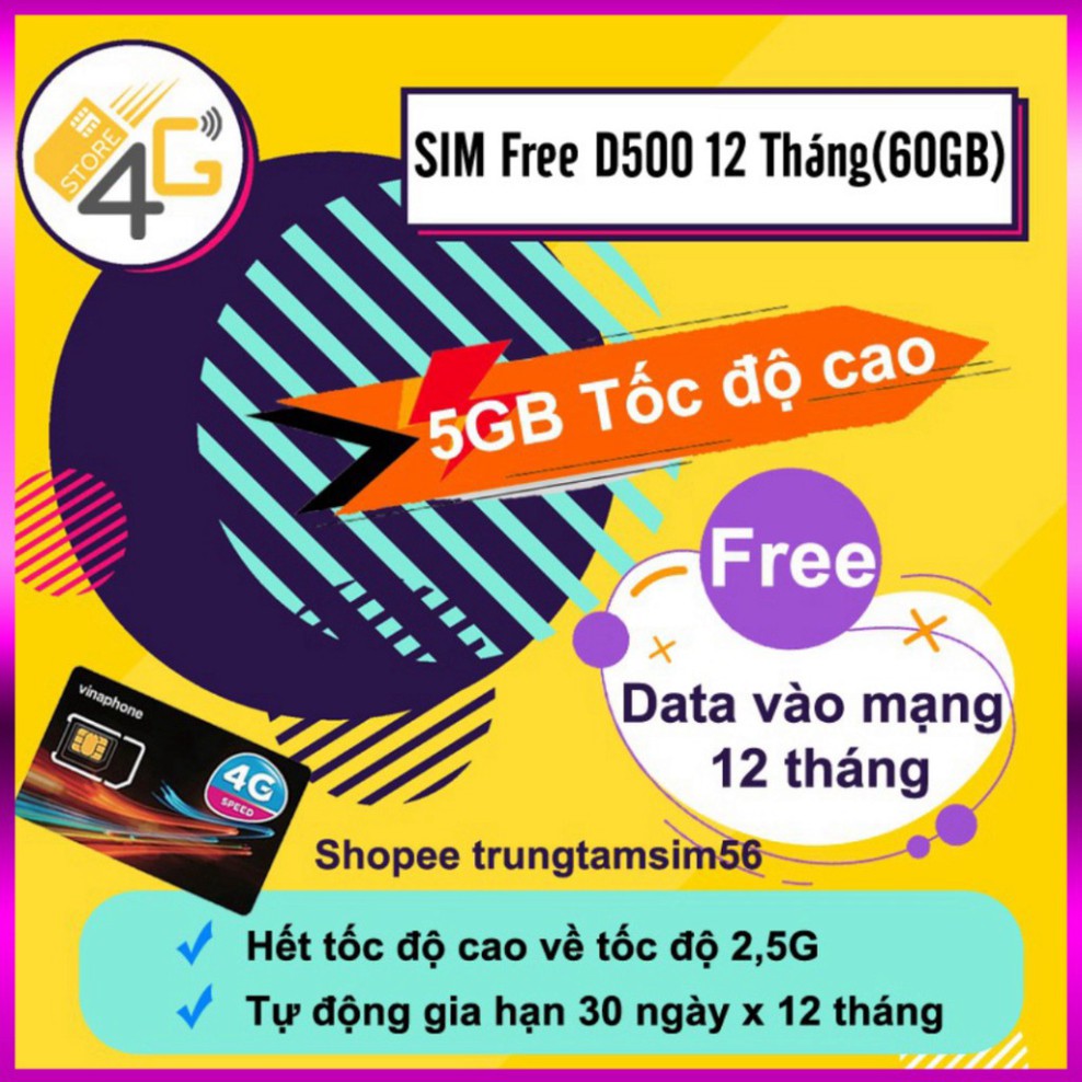 SALE NÀO CẢ NHÀ 50% Sim Vina D500 ( Miễn phí vào mạng 12 tháng , Tốc độ 4G ) , Sim bảo hành 12 tháng , chính hãng  vinap