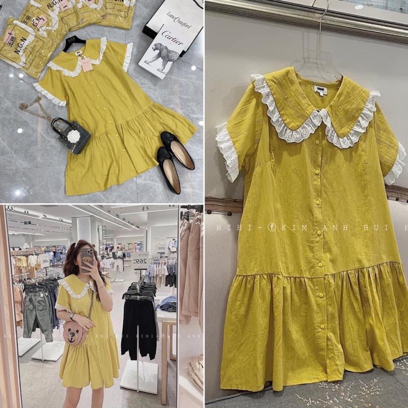 Váy bầu thiết kế màu vàng cổ sơ mi chất Hàn đẹp