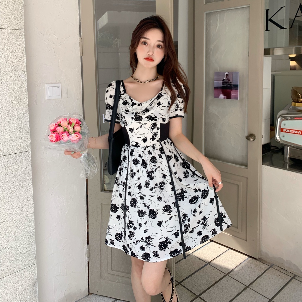 Đầm ZHELIHANGFEI tay ngắn họa tiết hoa hồng ôm eo tôn dáng xinh xắn cho nữ
