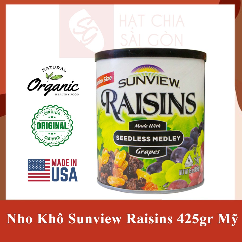 Nho Khô Mỹ Sunview Raisins hộp 425gr không hạt mix 4 màu Vàng, Đỏ, Xanh, Đen