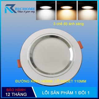 Đèn Led âm trần viền bạc 9w 3 màu 3 chế độ ánh sáng trắng -vàng nắng-vàng ấm