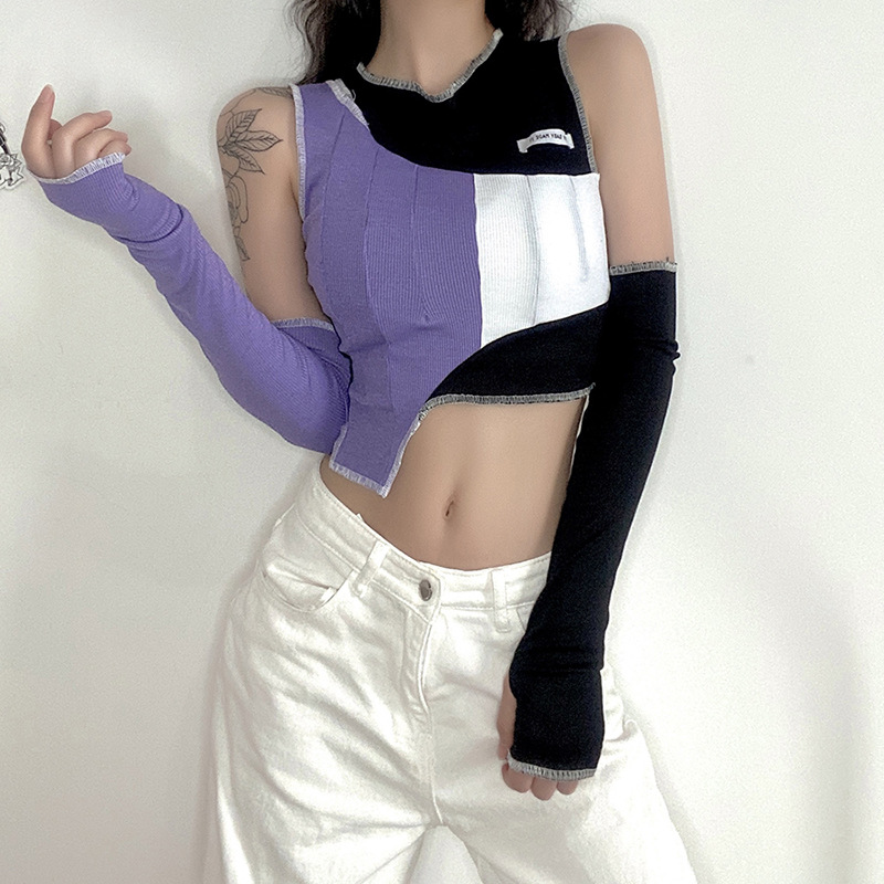 DUNEA Áo croptop cổ tròn phối màu tương phản sành điệu cho nữ