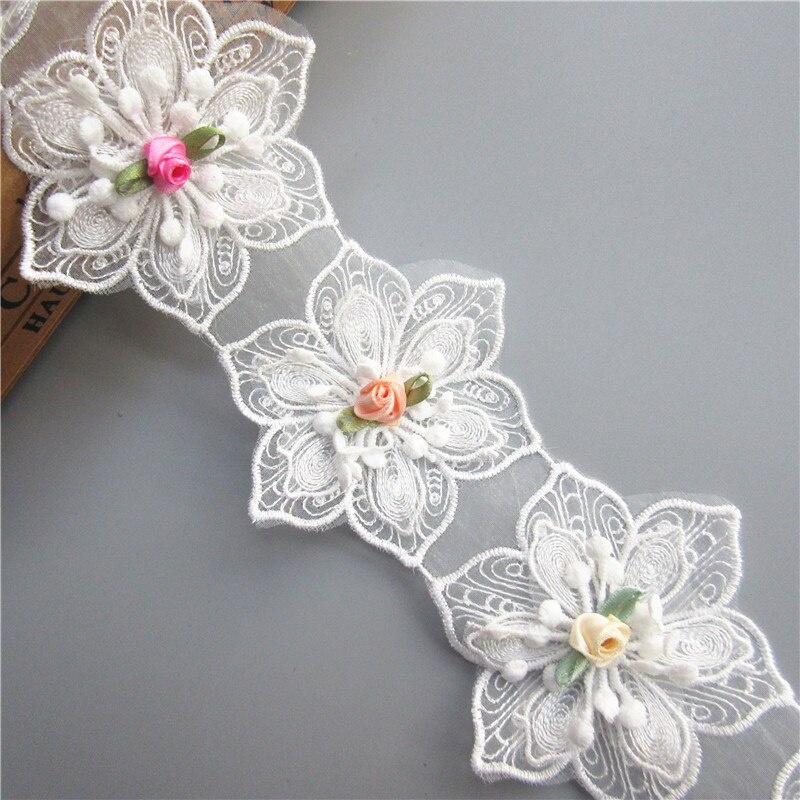 Cuộn Dây Ruy Băng Vải Ren Cotton Rộng 8cm Thêu Hoa Lục Giác 3D Dài 1 Yard Dùng May Trang Phục Thủ Công