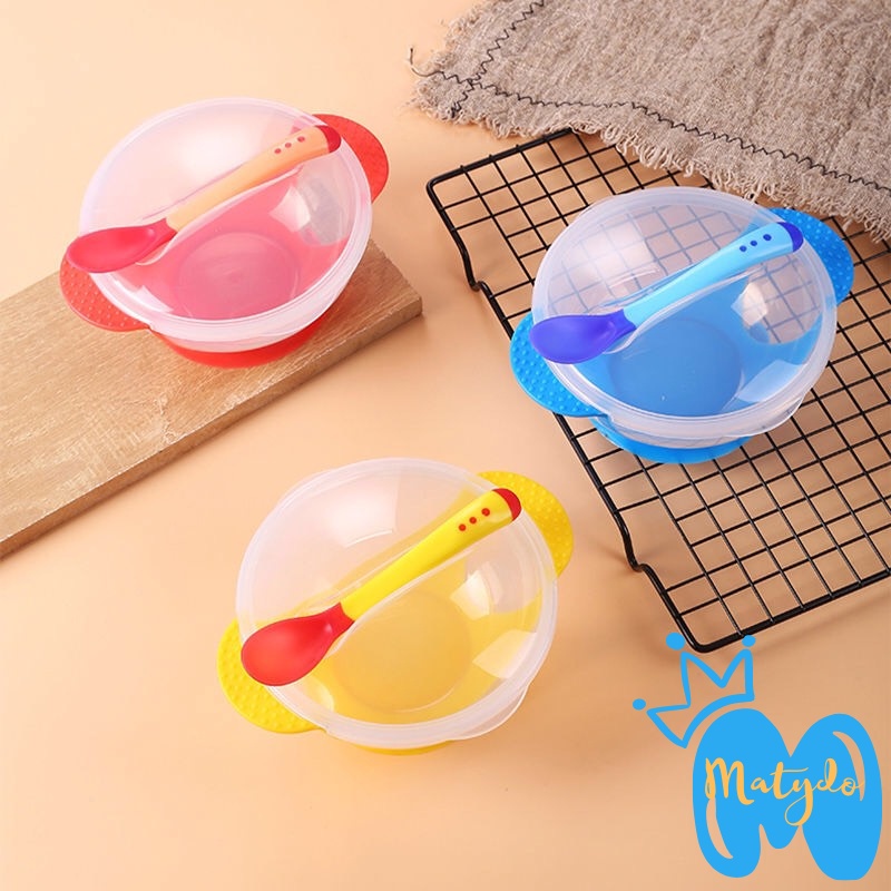 Bát chống đổ kèm thìa ăn dặm báo nóng bón cháo đút bột MATYDO chất liệu silicon an toàn cao cấp