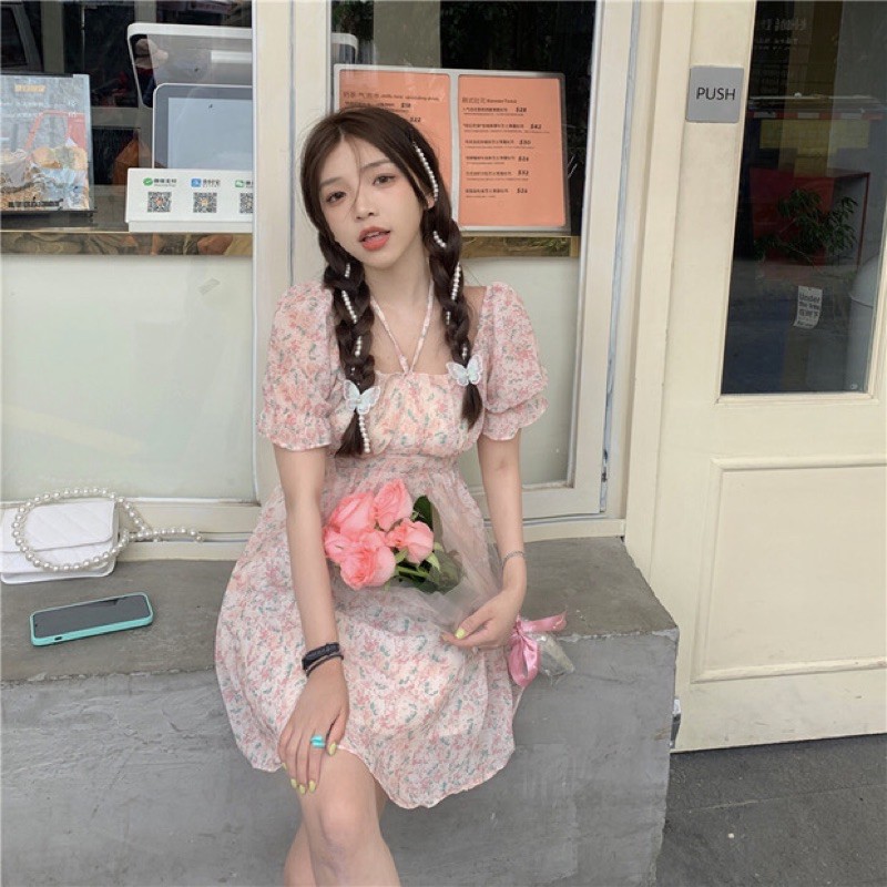 Đầm hoa nhí hồng babydoll dáng váy xoè thắt dây hình thật cuối