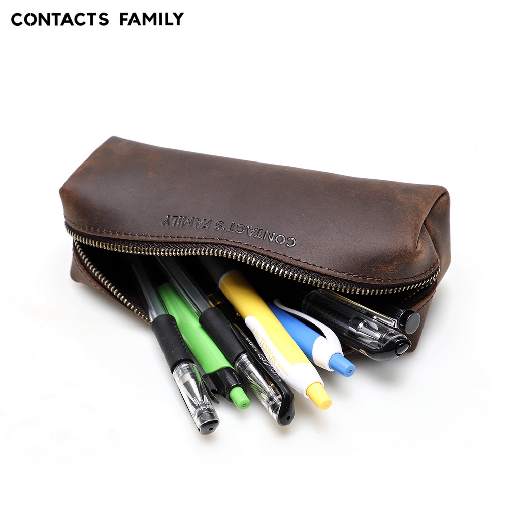 CONTACT'S FAMILY Túi đựng bút bằng da sức chứa lớn có khóa kéo phong cách cổ điển