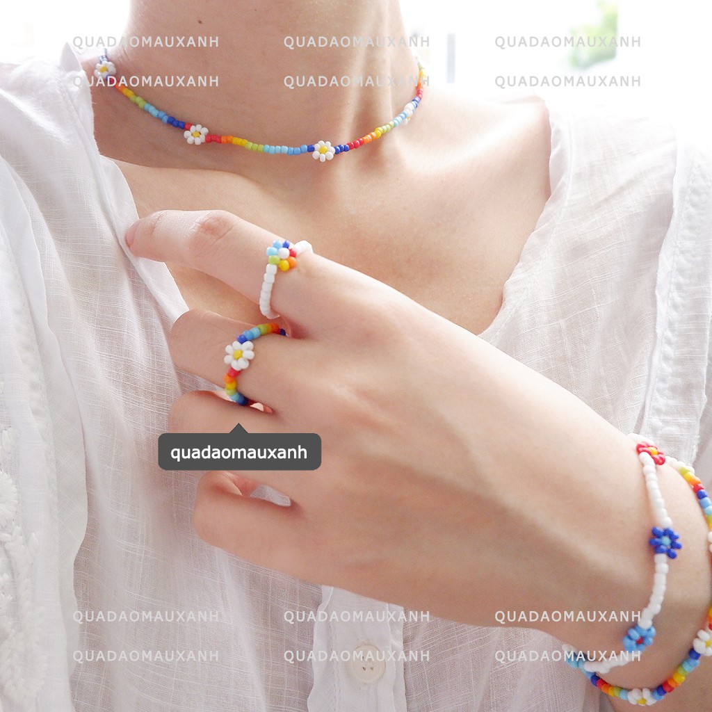 Vòng tay hạt cườm hoa vừa, choker hoa cúc 7 cánh, nhẫn 7 màu cầu vồng phong cách bohemian Rainbow #Quadaomauxanh