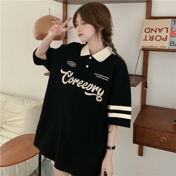 Áo thun polo tay lỡ unisex chất cotton cá sấu mềm mát, thêu chữ CORECURY