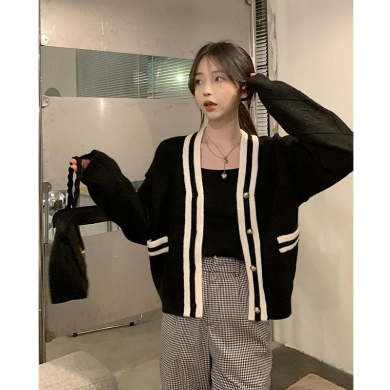 Áo Khoác cardigan Len Dệt Kim Màu Sắc Tương Phản Thời Trang Xuân Thu 2022 Cho Nữ
