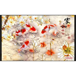 tranh dán tường phòng khách 3D Cá Koi in Vải Lụa KT 120x80cm