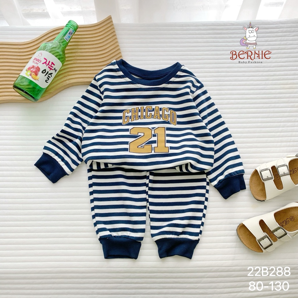 Bộ bé trai thu đông dài tay hoạ tiết kẻ cá tính, bộ thun bé trai tay dài Bernie