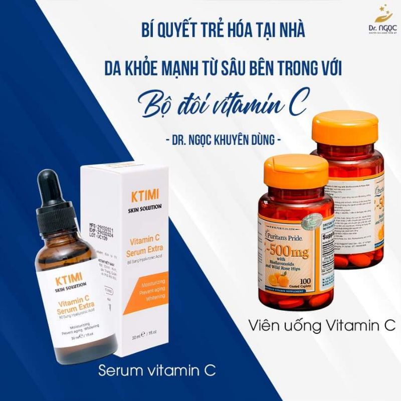 combo bộ đôi kết hợp giữa serum VTM C KTIMi và viên uống VTM C PURITAN'S Pride giúp giảm thâm sáng da từ trong ra ngoài.