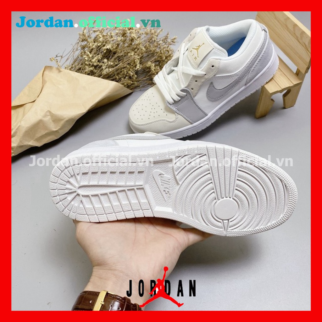 Giày Thể Thao Nam Nữ Jordan JD1 Low Paris Trắng Xám Cổ Thấp Gót Xanh Thời Trang Full Box Bill