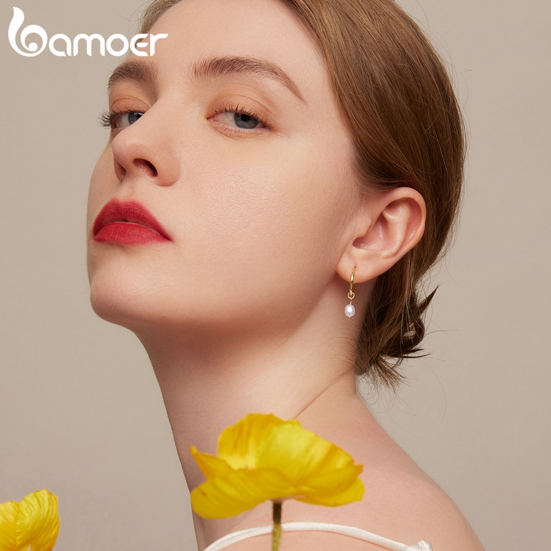 Đôi bông tai BAMOER bằng bạc 925 đính ngọc trai thời trang cho nữ