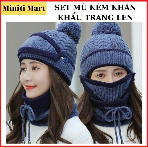 Set Mũ Len Nữ Kèm Khẩu Trang Khăn Quàng 3.1, Sét Nón Len, Combo Mũ Len+Khẩu Trang Khăn Quàng Phong Cách Hàn Quốc Unisex