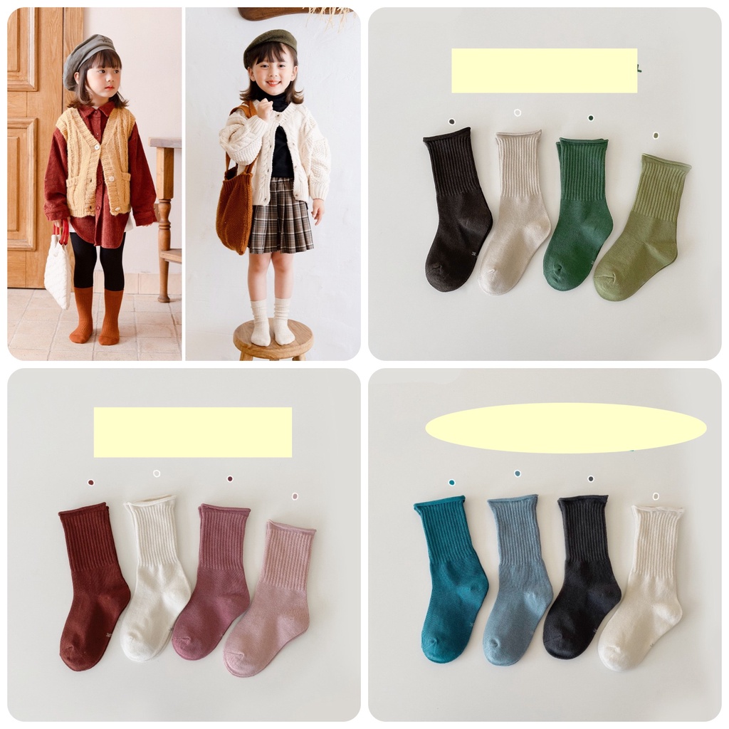 Set tất len gân cao cổ cho bé màu trơn phong cách Hàn Quốc vintage- Combo 4 đôi