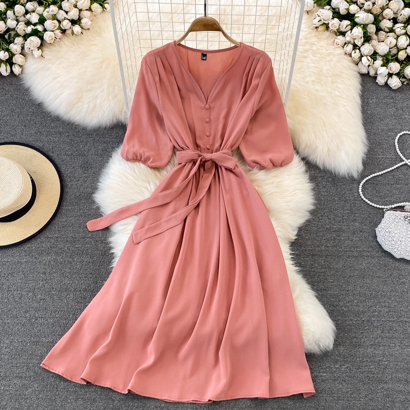 Đầm Tay Ngắn Cổ Chữ V Phong Cách Retro Thời Trang Mùa Hè Cho Nữ