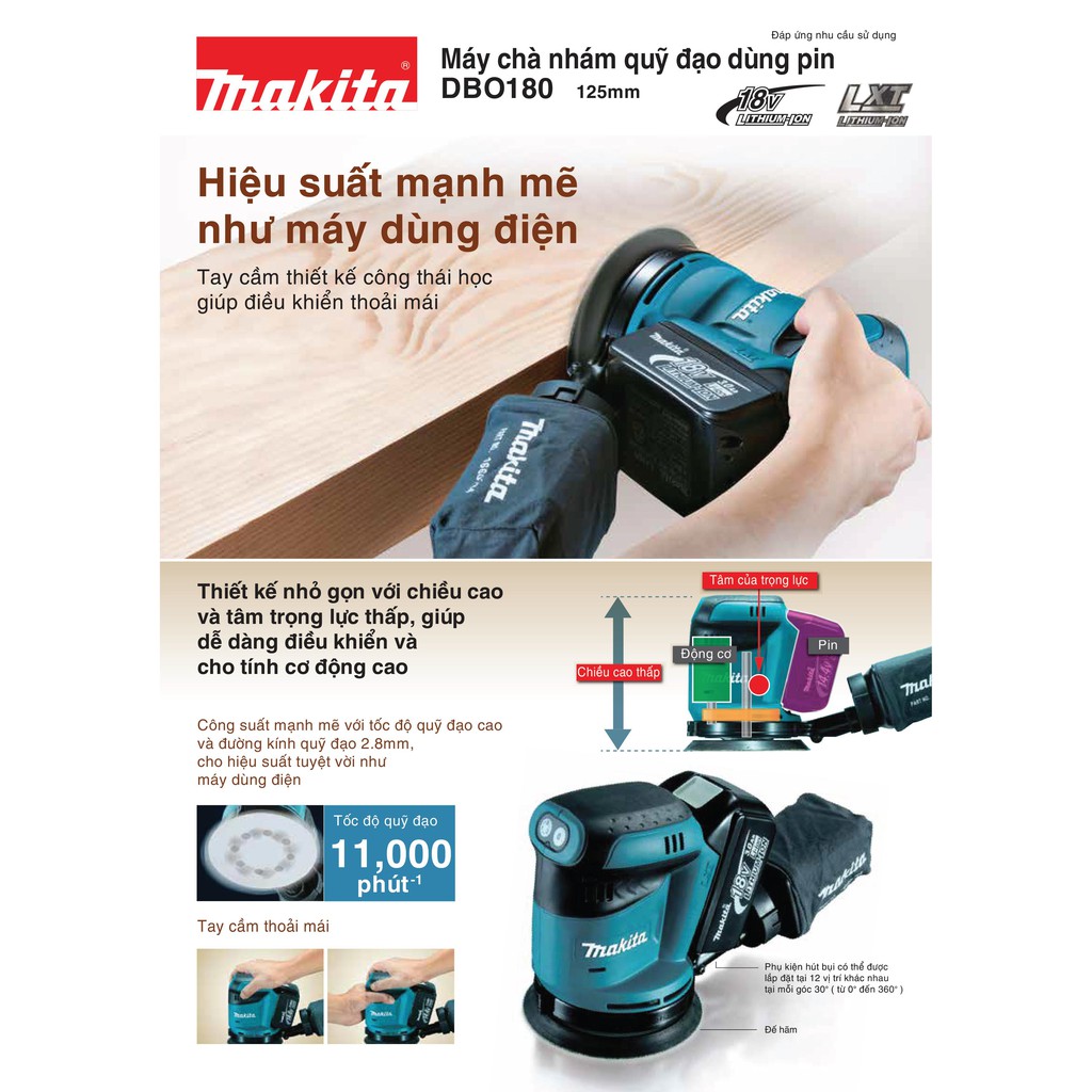 Máy chà nhám quỹ đạo tròn 125mm (5&quot;) dùng pin 18V Makita DBO180Z (không pin sạc)