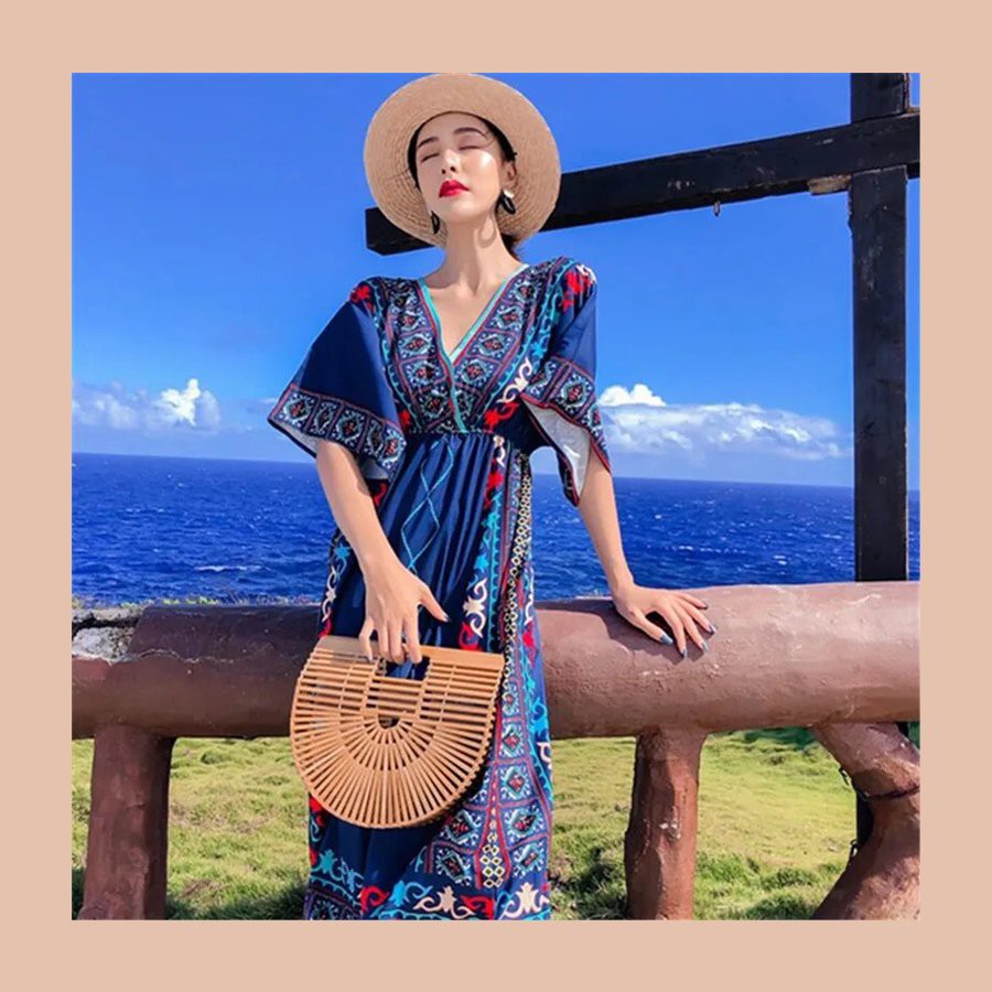 Váy Maxi Thổ Cẩm Boho Đi Biển Xòe Họa Tiết Hình Khối Tay Lỡ Thời Trang Du Lịch Hè V00079 | BigBuy360 - bigbuy360.vn