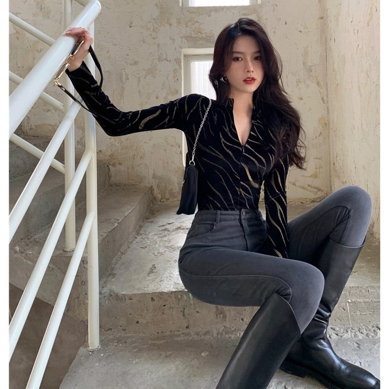 Áo nhung dài tay cổ chữ V thời trang mùa thu dành cho nữ